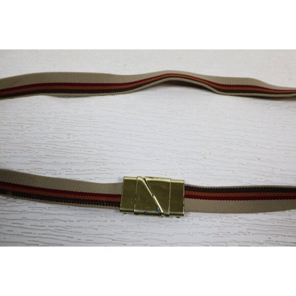 VINTAGE WOMEN'S BROWN STRIPED ELASTIC BELT - GOLD TONE CLASP - ADJUSTABLE - Picture 2 of 9